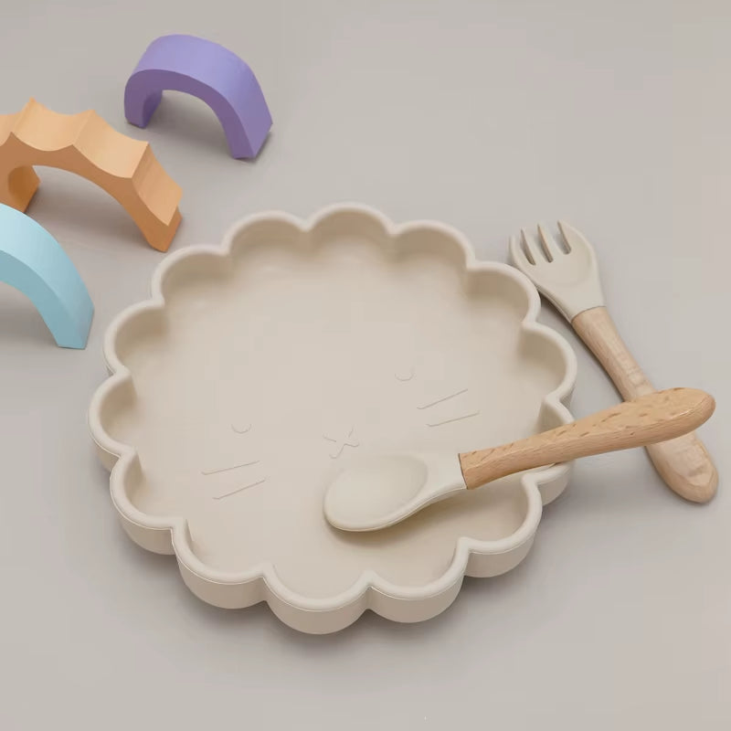 Hot Sale BPA Free Children'S Tableware Oval Lace Cute Food Plates Waterproof Bowl Plates Solid Color Spoon Fork Set Baby Stuff